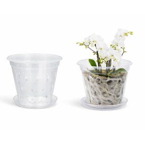 Clear 5 Inch Orchid Pots With Drainage Holes & Saucers Slotted Plastic Planters